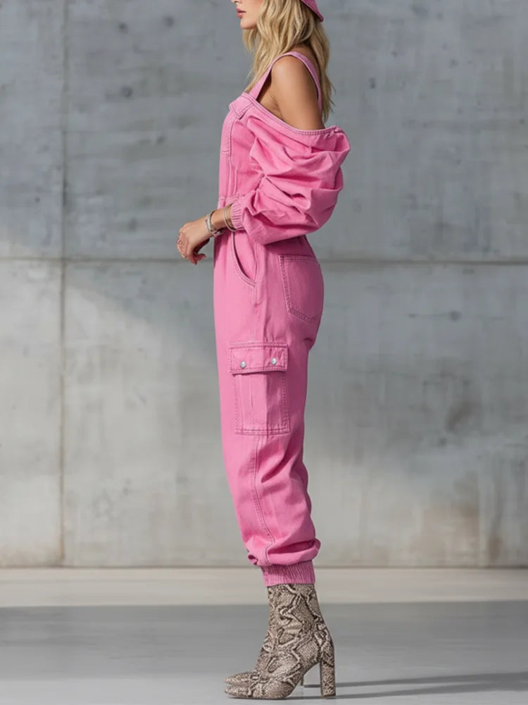 Ingvn  Fashion Vintage Denim Jumpsuit Woman Solid Zipper Off-shoulder High Waist Loose Cargo Pants Romper Long Sleeve Overalls