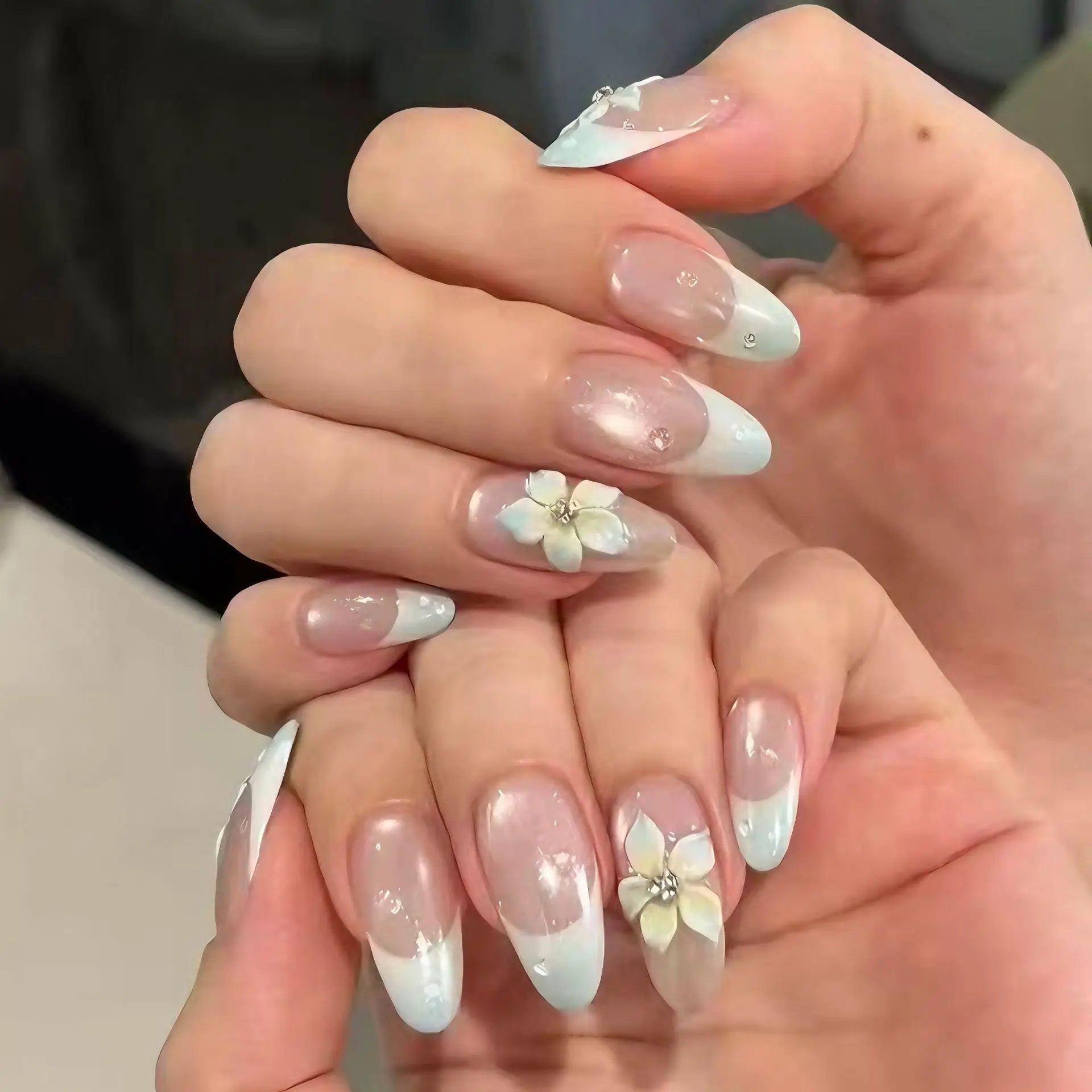 Ingvn  24Pcs Nude Pink Gradient French White Fake Nails Press on Mid-length Almond False Nail with Pearl Gold Chain Polka Dot Nail Tips