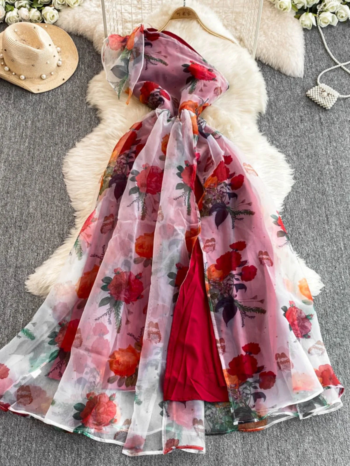 Ingvn  Spring Floral Series Holiday Dr Women's Summer High Waist Slim Fit Sexy Strapl Midi Length Belted Gown Korean Sle