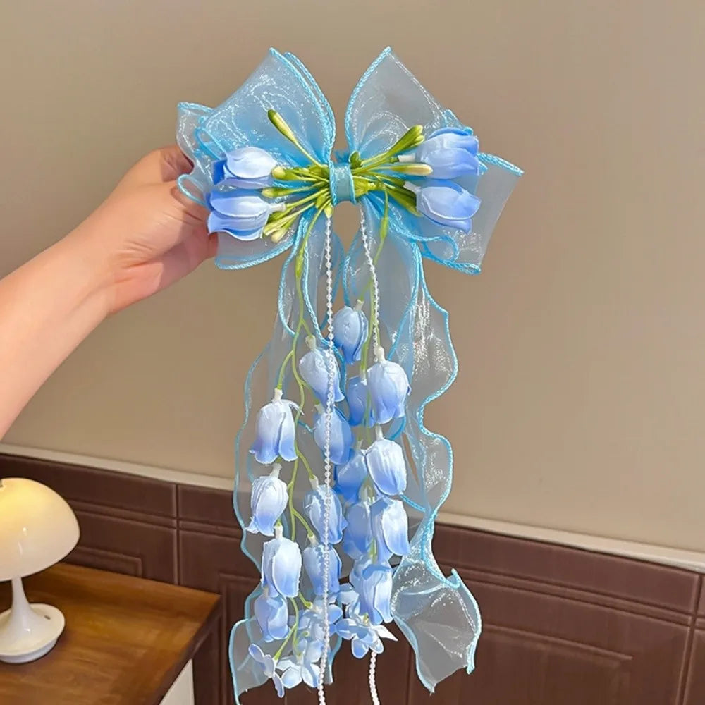 Ingvn  New Bell Orchid Ribbon Hair Clip Large Bow Soft Mesh Hair Barrettes Long Ribbon Tassel Design Bow Hair Clip For Girls