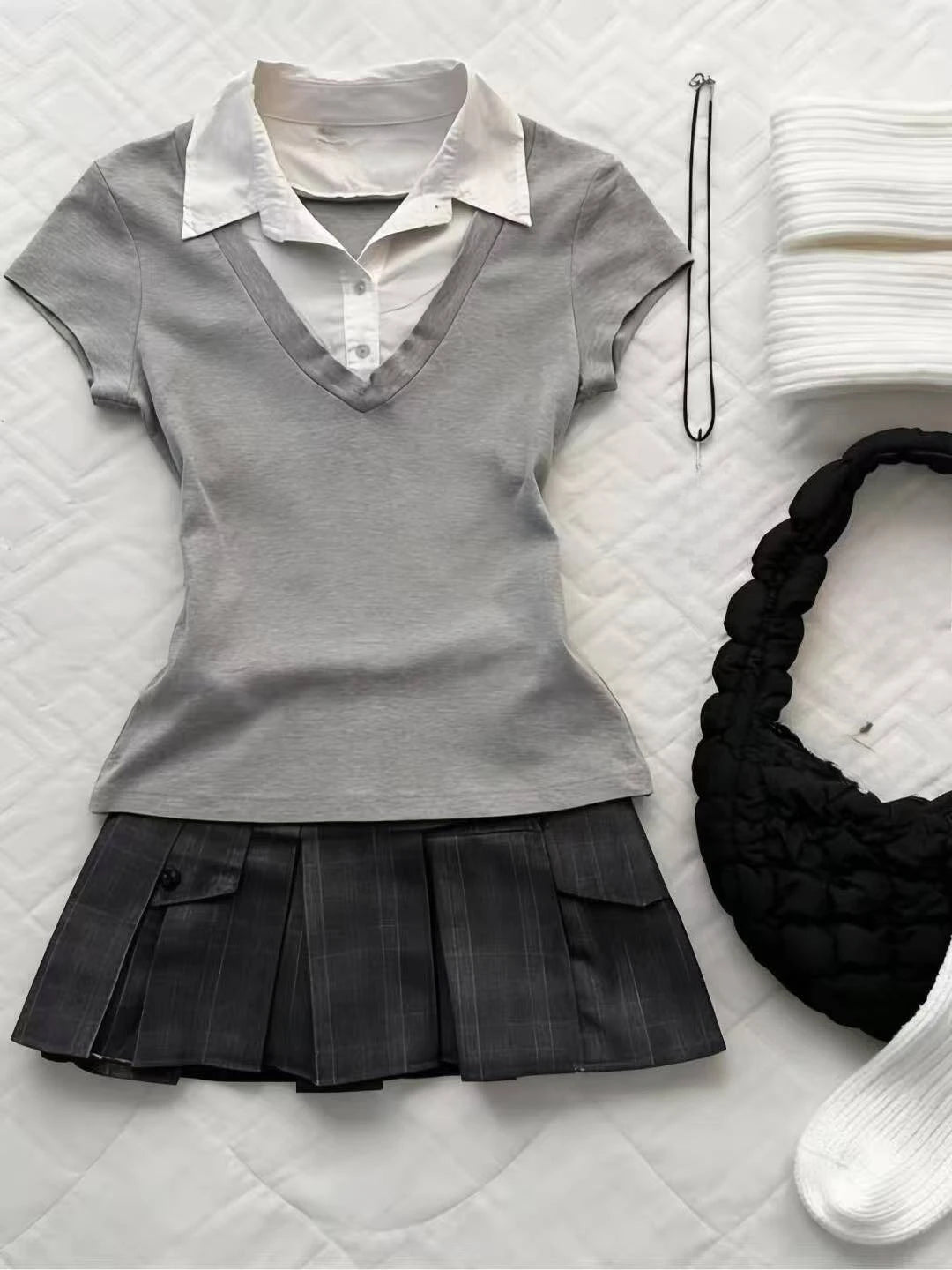 Ingvn  Retro Sweet Two Piece Set Women Plaid Short Sleeve Shirt High Waist Pleated Skirt Y2K Harajuku Hot Girl Summer