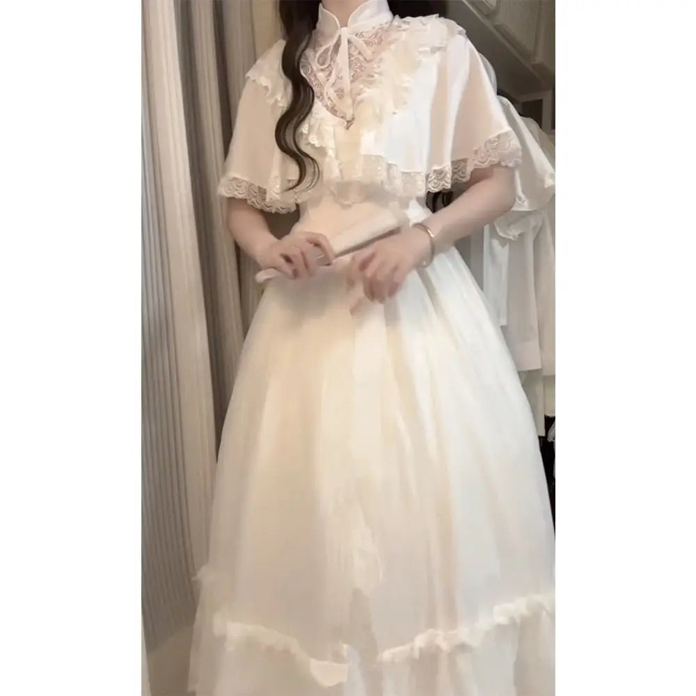 Ingvn  Elegant Vintage Lace White Lolita Dresses Summer Sweet Puff Sleeve Dress for Women New Slim Sweet Midi Dress Vestidos Mujer