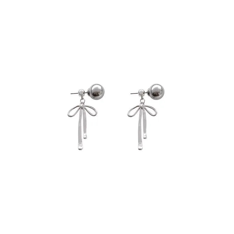Ingvn  Korean Elegant Simple Bowknot Grey Pearl Long Dangle Earrings For Women Fashion Sweet Metal Aesthetic Jewelry Party Gifts