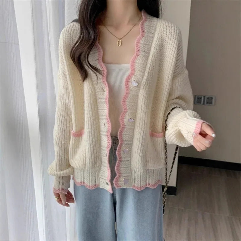Ingvn - Autumn and Winter Fashion New Korean Heart-shaped Button Knit Cardigan Design Sense Color Blocked V-neck Loose Sweater