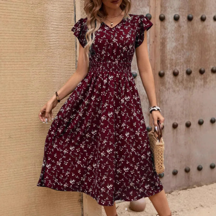 Ingvn  Fashionable Elegant Women V Neck Waist Tie Flutter Sleeve Printed Dress