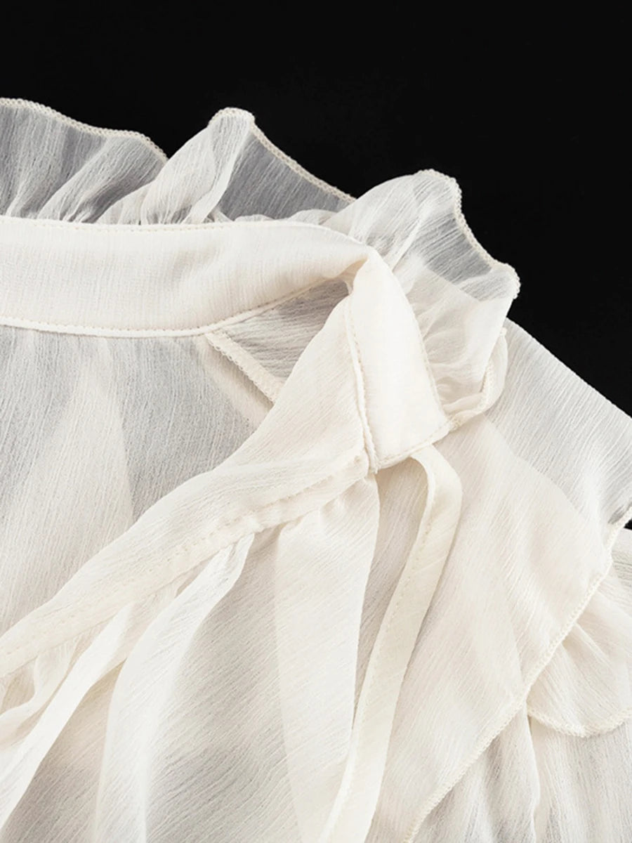 Ingvn  Apricot Loose Spliced Ruffles Elegant Shirts for Women V Neck Long Sleeve French Gentle Shirt Female Summer Fashion