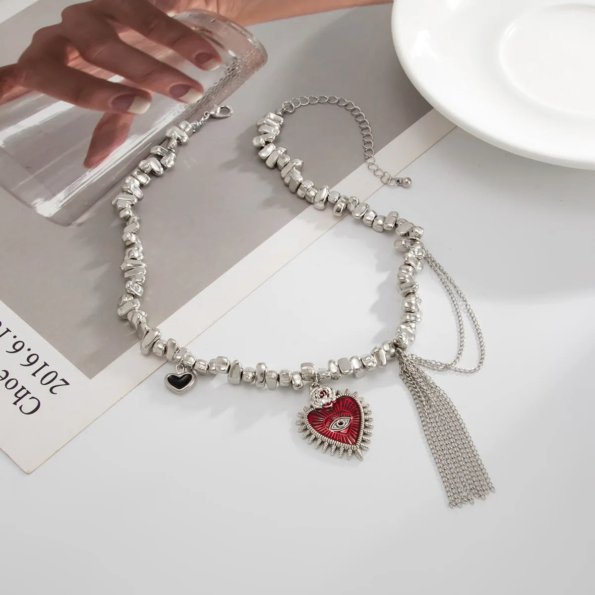 Ingvn  Gothic Love Heart Pendant Choker Necklace Women Trendy Irregular Geometric CCB Beaded Metal Tassel Chain Party Jewelry