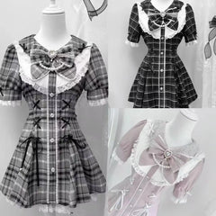 Ingvn  Sweet Bow Slim Shorts Set Women Subcultural Y2k E-girls Mini Dress Tops Lolita Japanese Style Fashion Plaid Dress Suit Chic