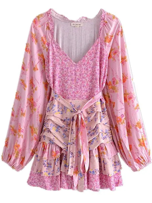 Ingvn  Holiday Contrast Color Floral Print Lantern Sleeve Mini Dress Bow Sashes Ruched Pleated Waist Ruffles Hem Women Dresses Robe