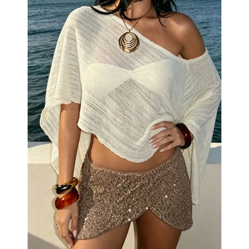 Ingvn  Women's Knitted Bikini Cover-up See-through Solid Off One Shoulder Irregular Triangle Hem Loose Pullover Summer Beach Tops