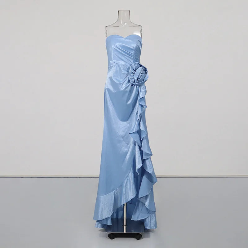 Ingvn  French Style Elegant Celebrity Sexy Evening Dress Strapless Sleeveless 3D Flower High Waist Split Irregular Long Dresses Women