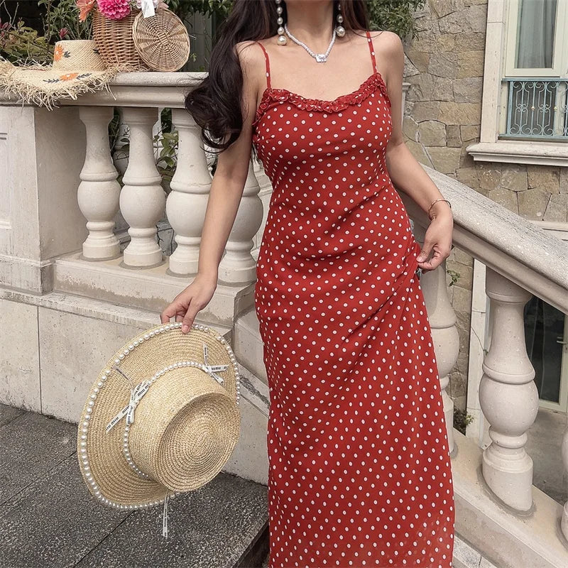 Ingvn  Summer Spring Polka Dot Wooden  Long Belted Halter Neck Gown Women's Holiday Strap Dress Fairy Skirt Style No Sleeve U Neck