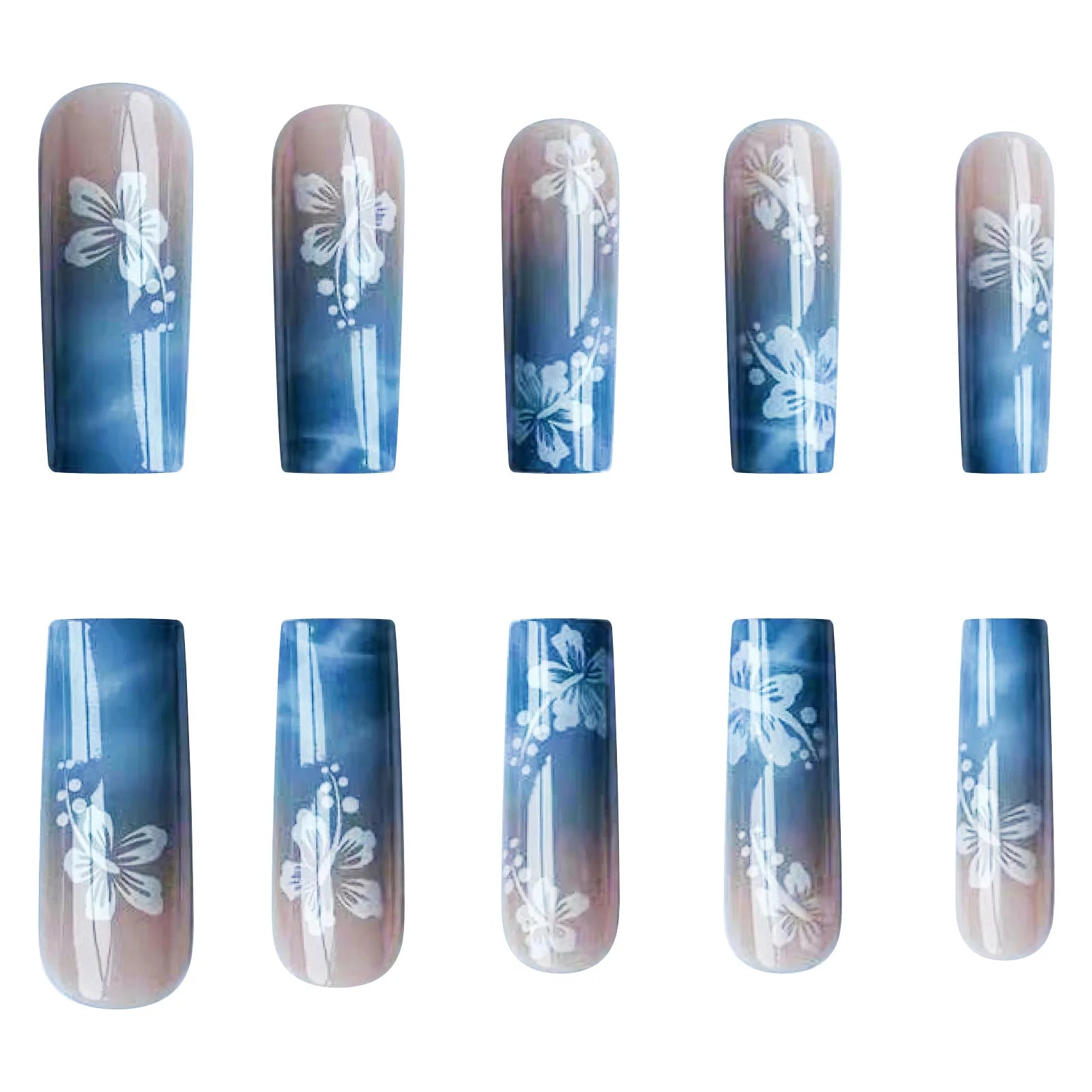 24pcs Y2k Summer Sea Blue Gradient Fake Nails With Water Ripples Designs Long Square Coffin False Nails Set Press On Nail Tips