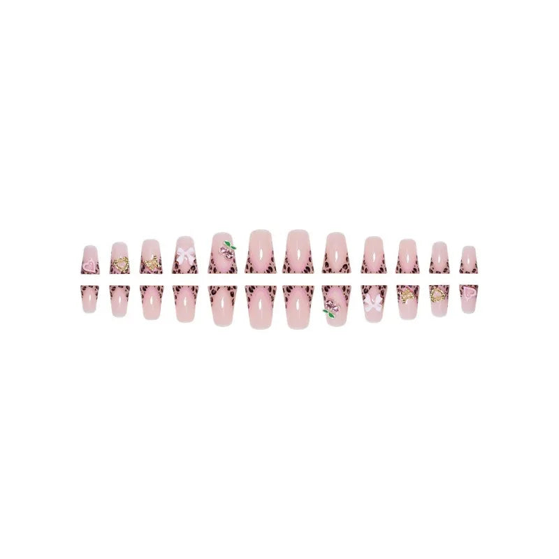 Ingvn  24Pcs 3d Bowknot Love Cherry Ready-made Artificial Nail Tips Leopard French Press on Nails Duckbill Short Aesthetic False Nails