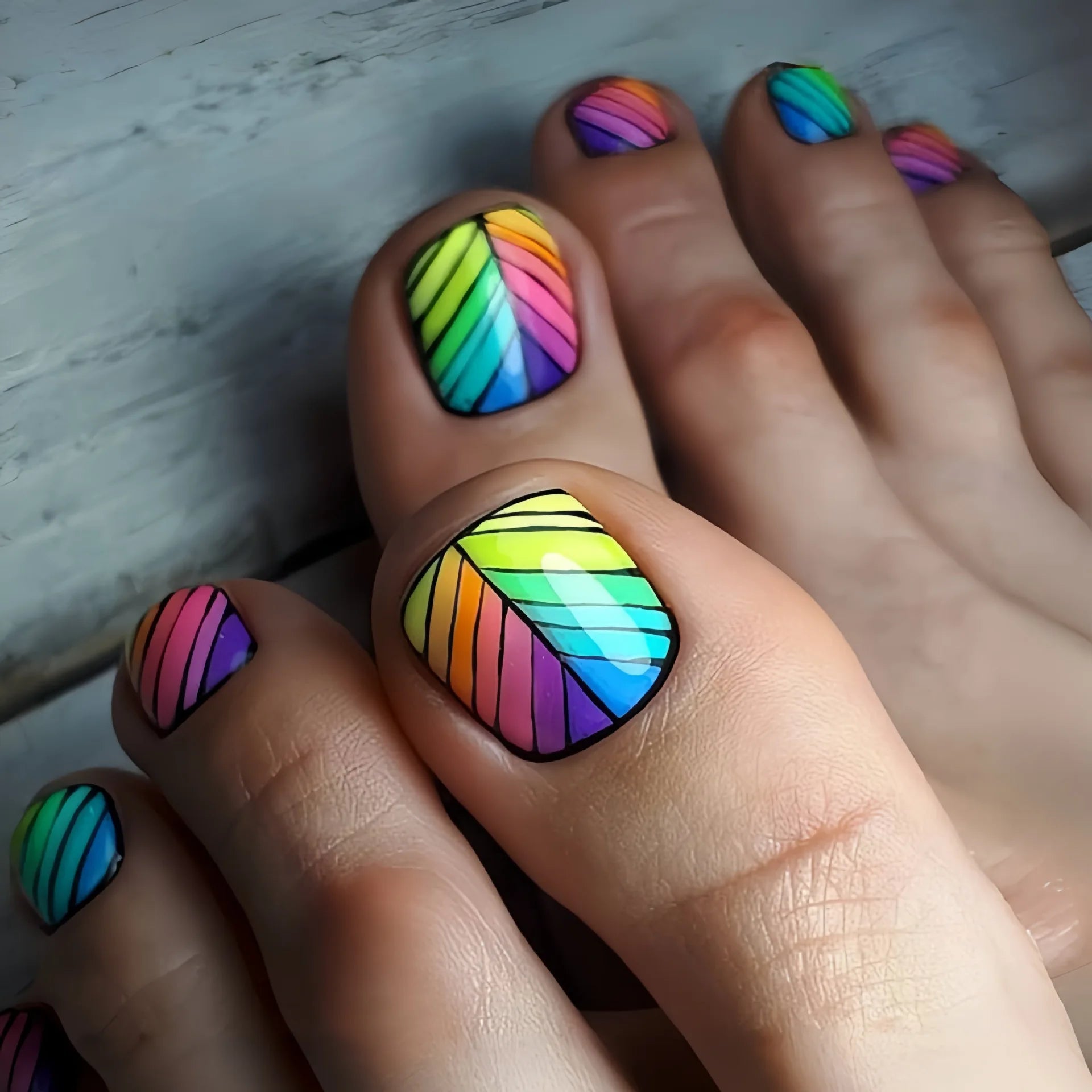 Ingvn  24Pcs Ins Colorful Rainbow Toe Nail Tips Wearable Short Square Head Press on False Nails Glitter Cat's Eye Fake Manicure Summer