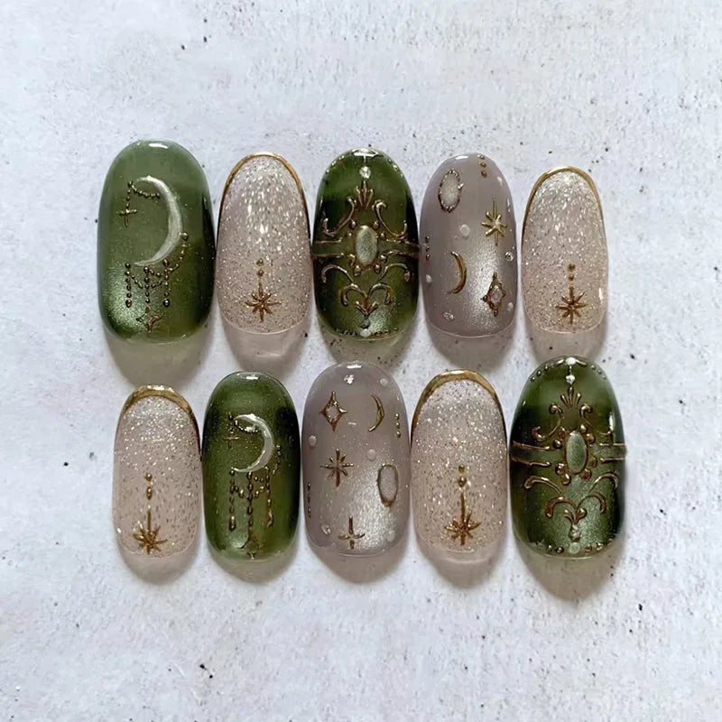 Ingvn  24Pcs Fashion Almond Head Fake Nails Press on Glitter Gradient Green Nail Art with Star Moon Design Reusable Oval False Nails