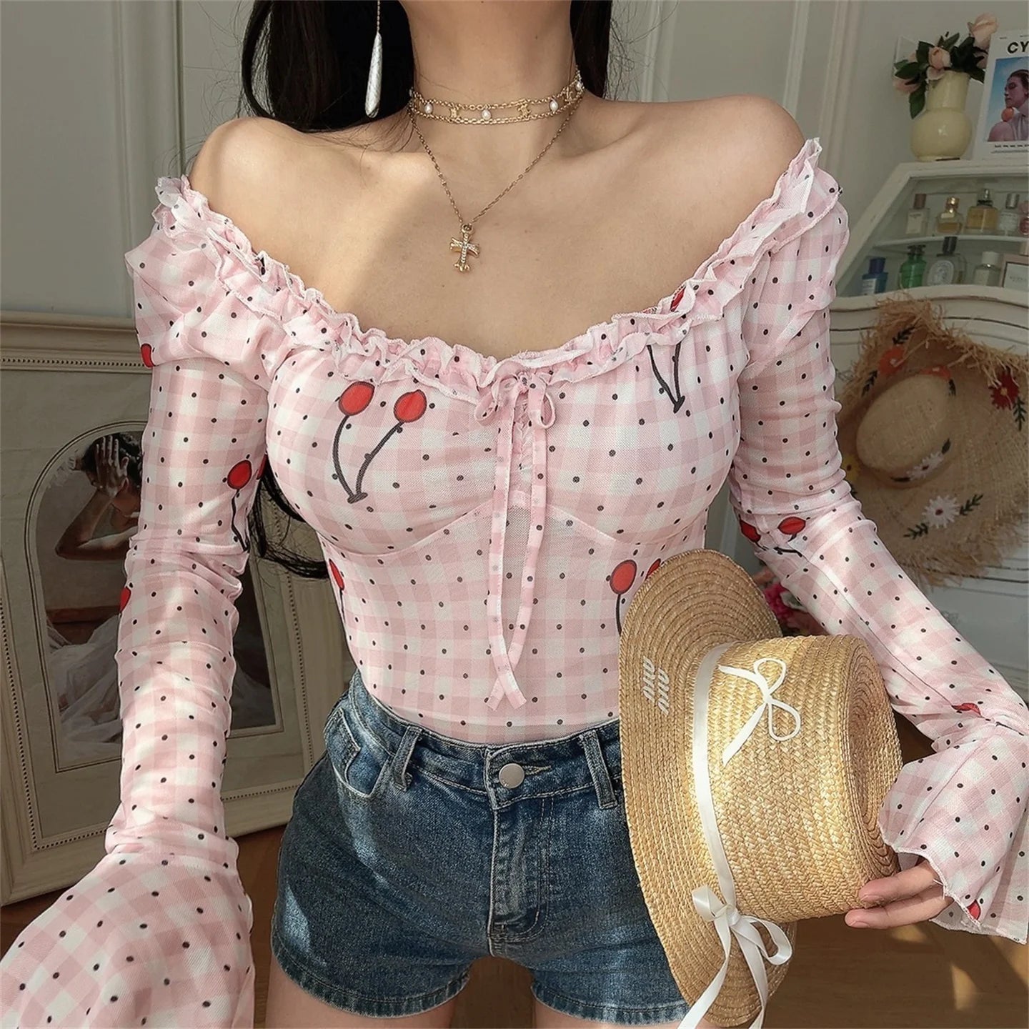 Ingvn  Chenopod Original Spring Summer Elastic Lace Bell Sleeve Shirt French Style Slim Fit Polyester Fiber Long Sleeve Breathable S...