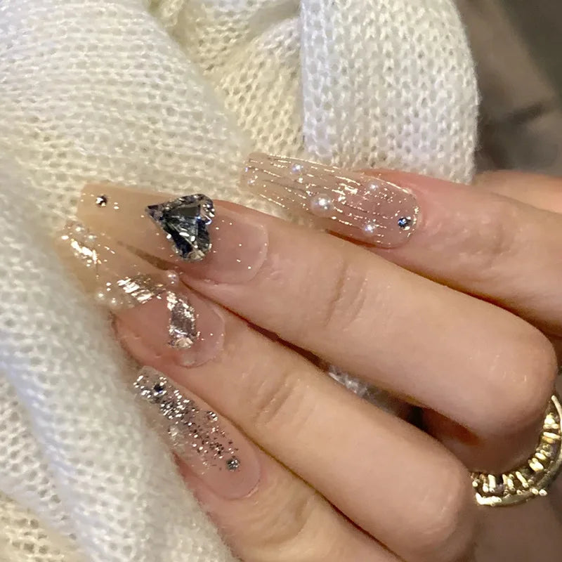 Ingvn  24Pcs Pink Ballet Fake Nails Full Cover Nail Tips Long Ballet False Nails with Rhinestone Chain Design Wearable Press on Nails