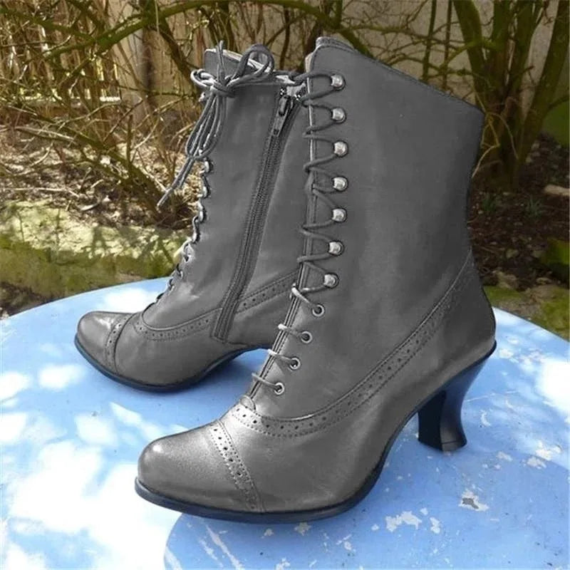 Ingvn  New Lace Up Ladies High Heel Shoes Strange Steampunk Boot Victorian Ankle Boots Women Pointed Toe Thick Soled Short Boots