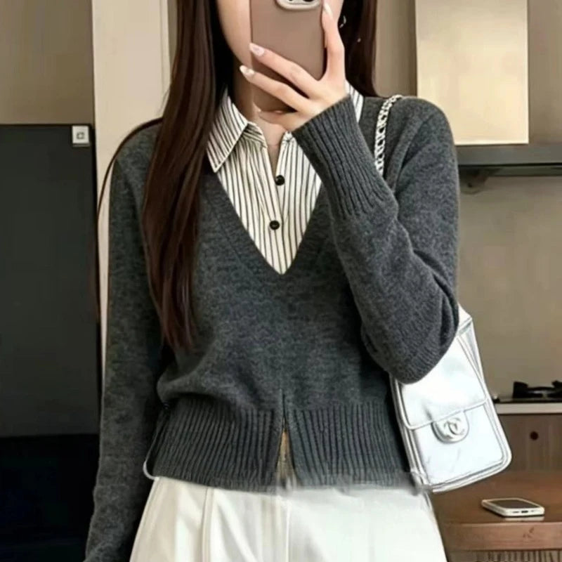 Ingvn - Women's Autumn/Winter Fashion New Type Artificial Two Piece Set Collar Knitted Sweater Warm Stripe Zipper Hoodie