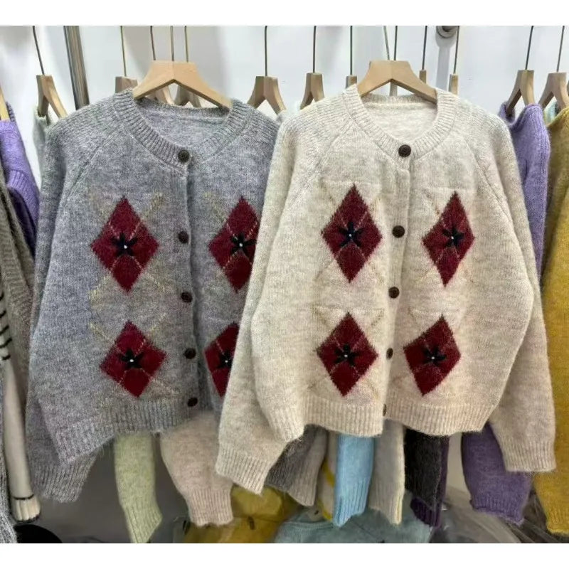Ingvn - Women's Autumn Winter New Round Neck Color Block Argyle Knit Cardigan Loose Sweater Coat Chic Coquette Trendy  Sweater