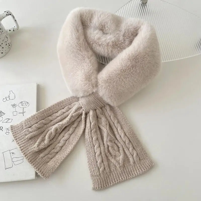 Ingvn - Women's Autumn Winter Knit Scarf Faux Fur Cross Neck Warmer Solid Thick Warm Elegant Chic Coquette Trendy
