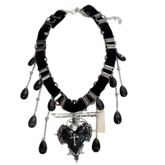 Ingvn  Goth Black Heart Love Cross Pendant Irregular Stone Bead Choker Necklace For Women Halloween Vintage Y2K Grunge EMO Accessories