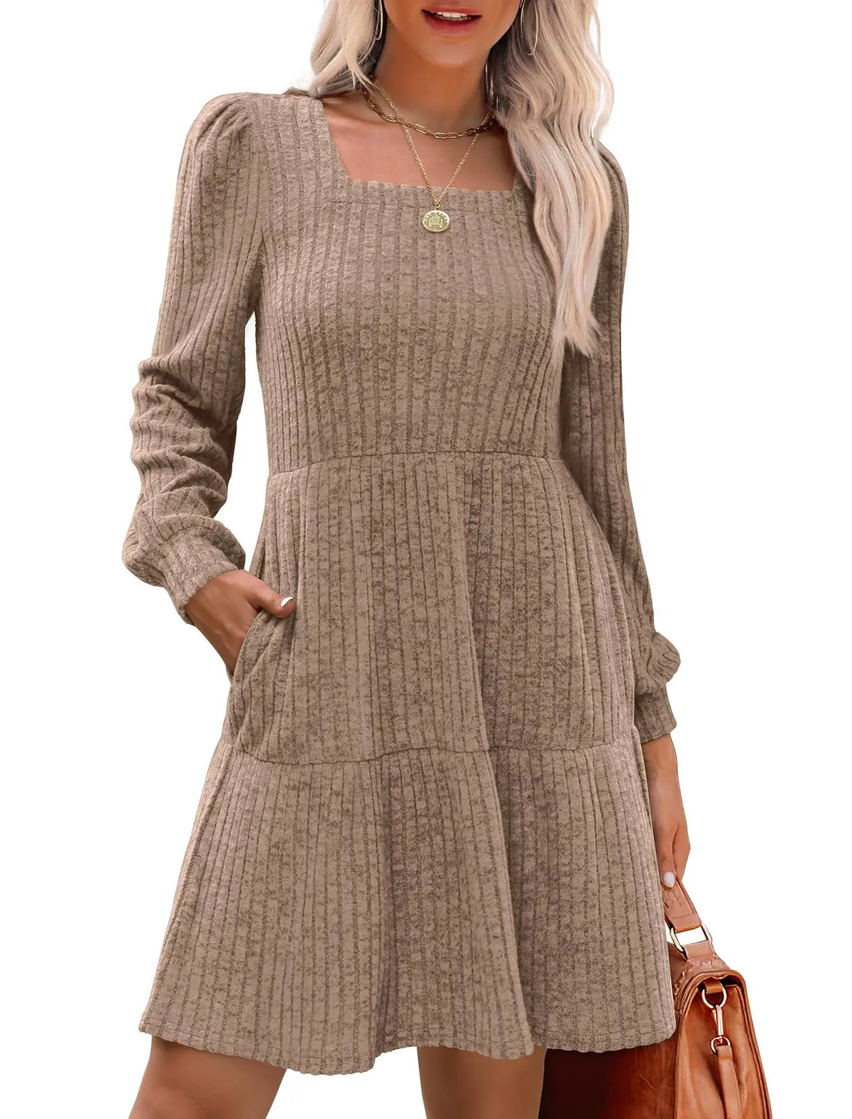 Ingvn  European and American Women's Square Collar Long Sleeve Autumn Dress Casual Baby Sweater