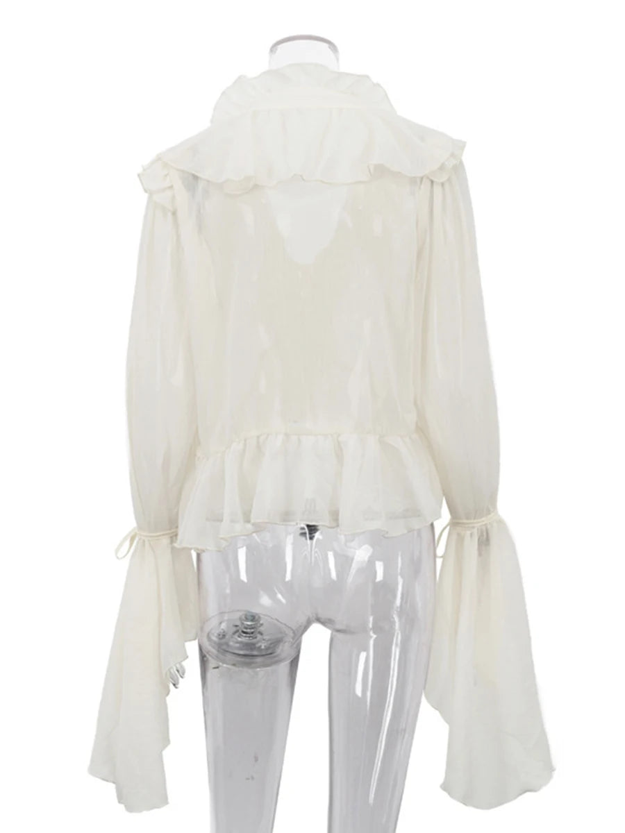 Ingvn  Apricot Loose Spliced Ruffles Elegant Shirts for Women V Neck Long Sleeve French Gentle Shirt Female Summer Fashion