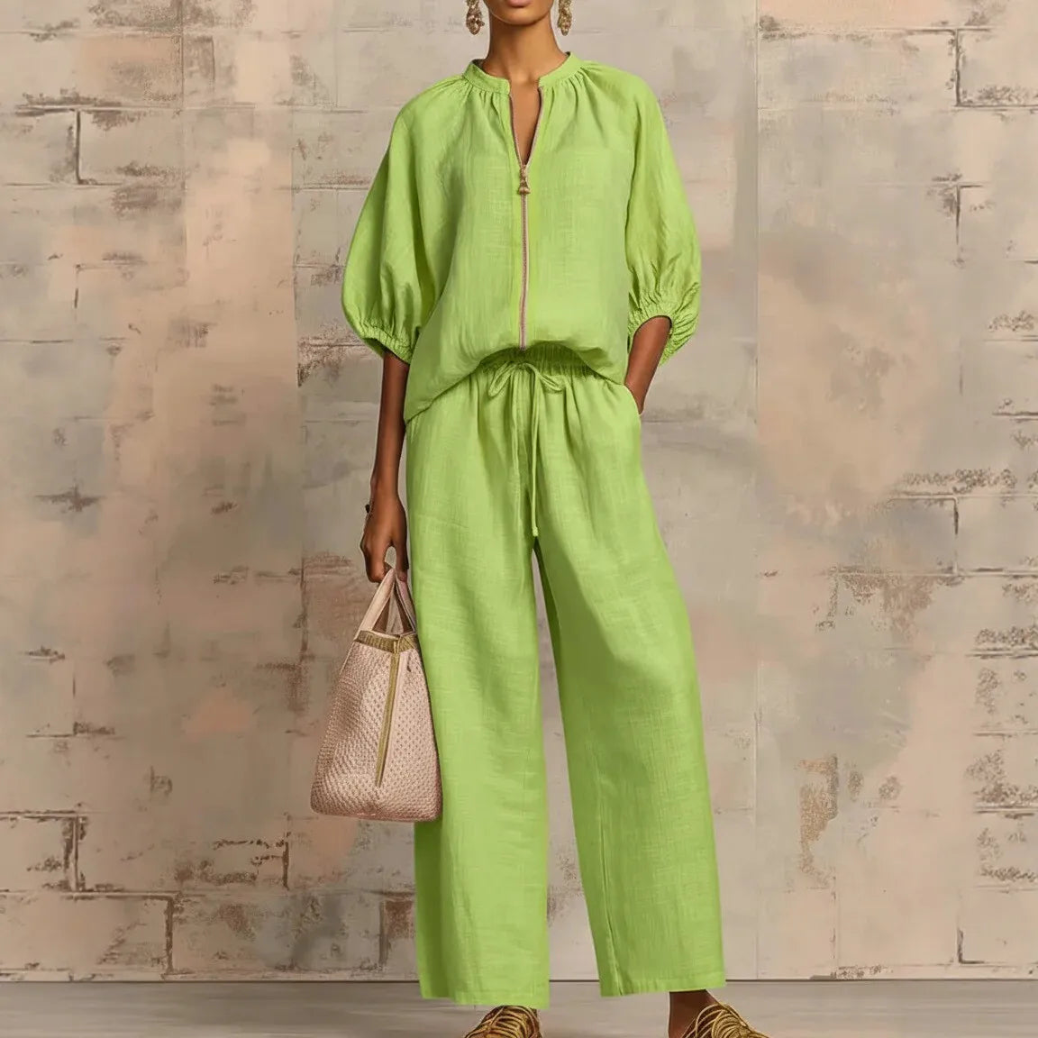 Ingvn  Womens Matching Sets Summer Casual Loose Zipper Tops And Wide Leg Pants 2 Piece Set Outfits Women Elegant