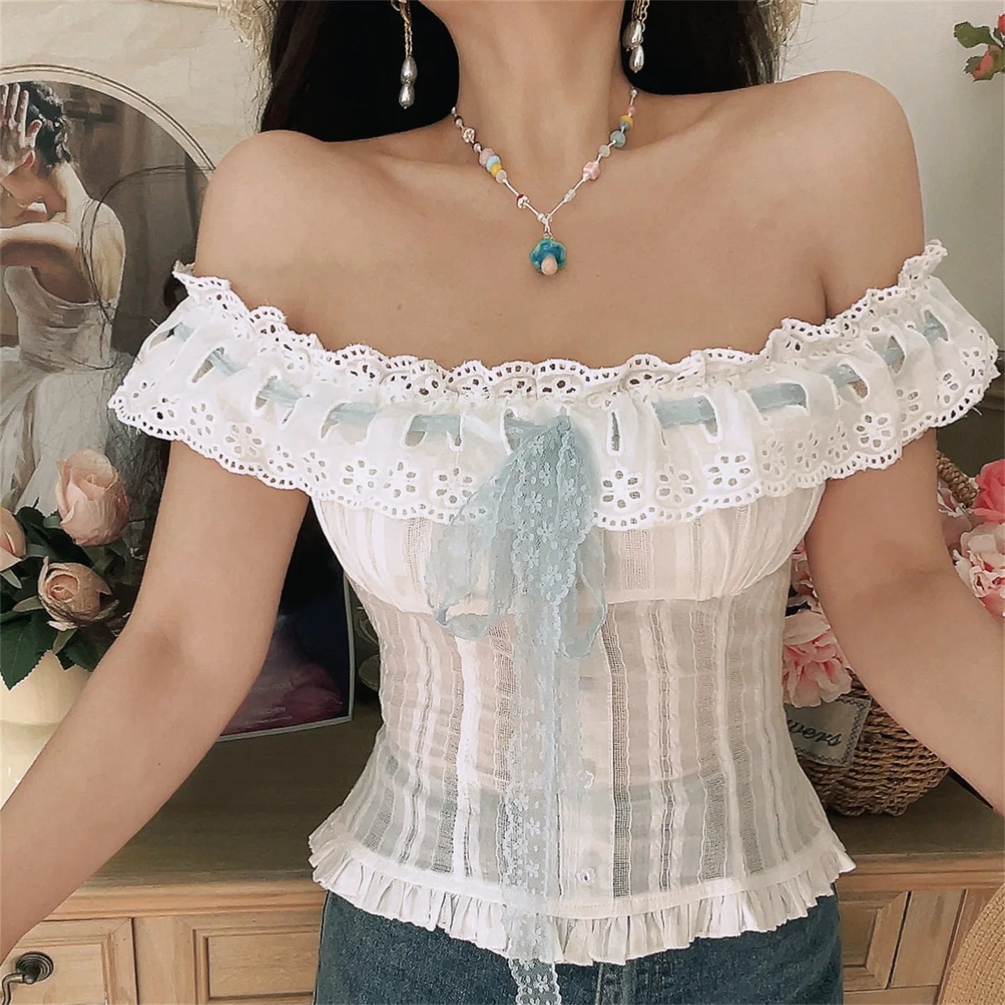 Ingvn  French Style Embroidered Lace Drawstring Shoulder Bridesmaid Shirt White Summer Vacation Top Women's Slim Fit Short Sleeve