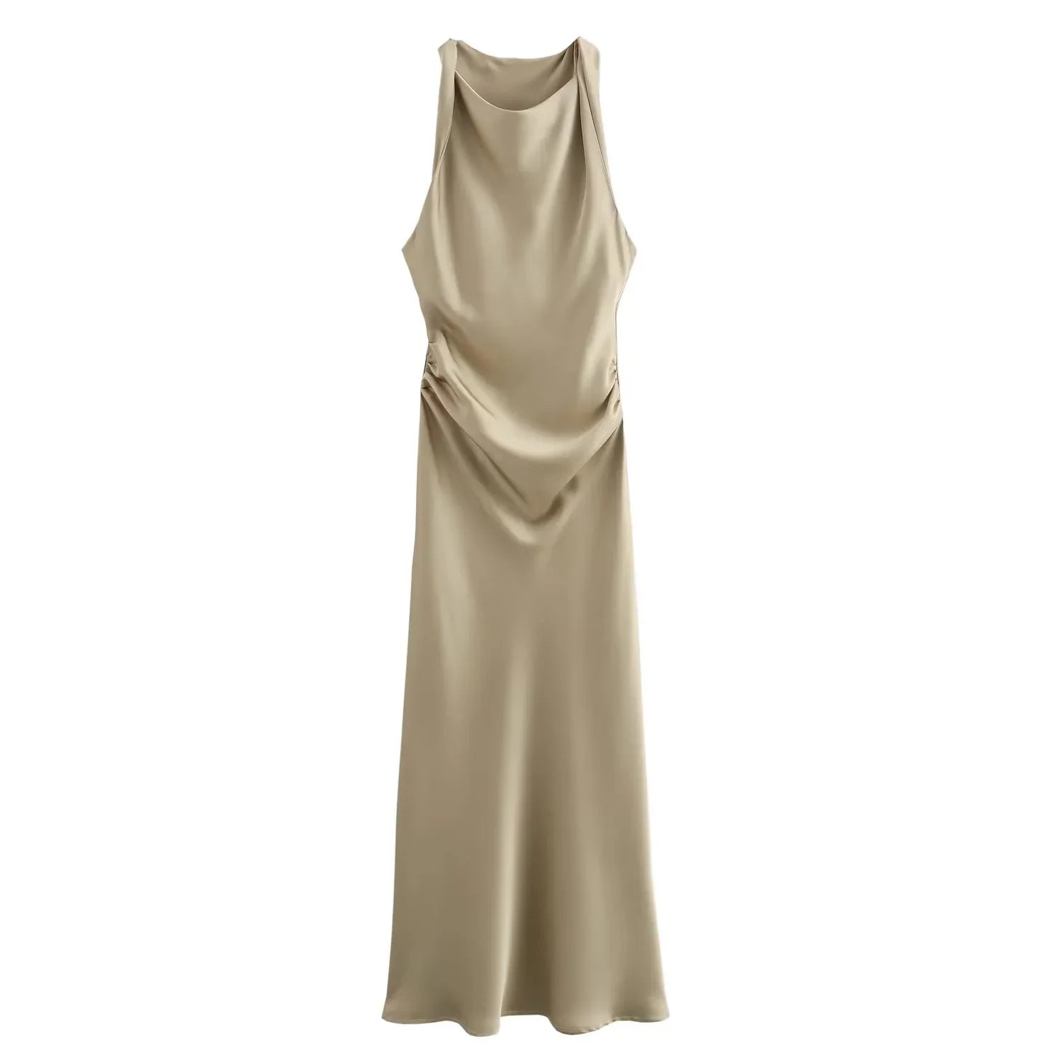 Ingvn  Autumn Satin Texture Sleeveless Midi Dress Round Neck Fashion Evening Dress