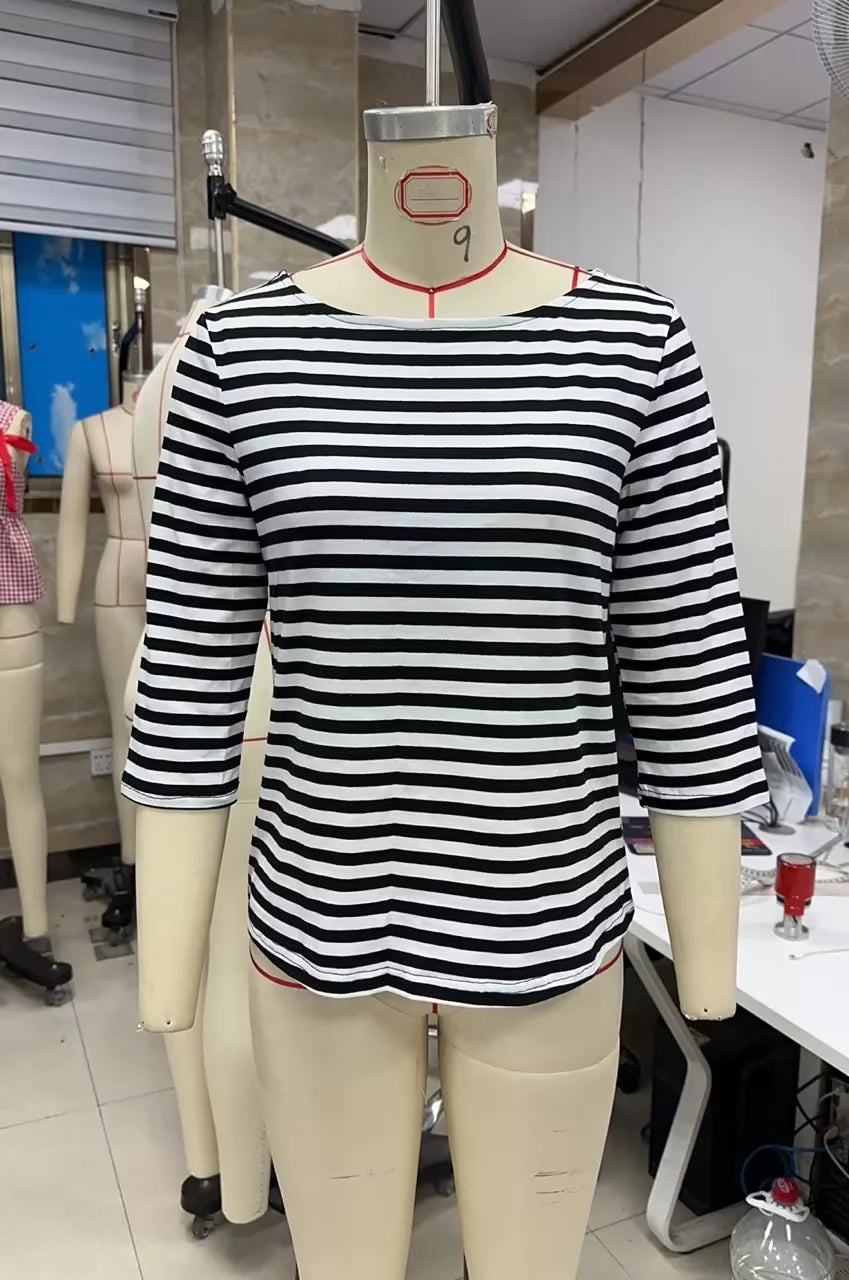 Ingvn  Women's Y2k American Retro Striped Contrast Color T-Shirts Boat Neck Three Quarter Sleeve Tee Tops Club Streetwear
