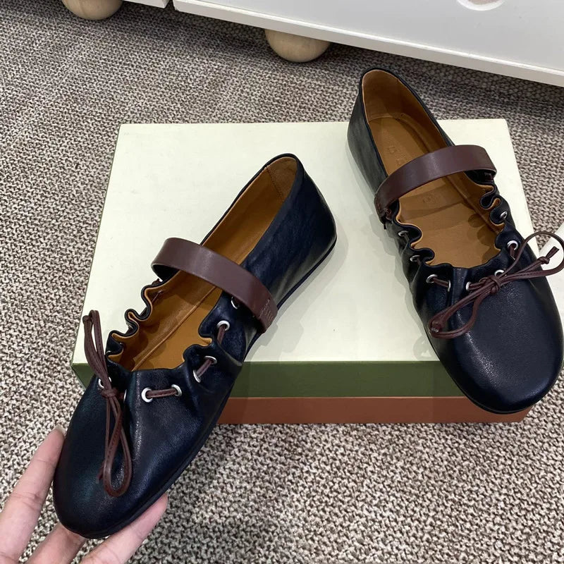 Ingvn  Ins style Fashion Pleated Bowknot Ruffle Women Ballet Flats Spring Summer Soft Leather Mary Janes Walking Loafers Casual Shoes