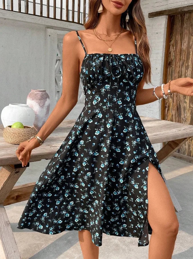 Ingvn  Spring Summer Women's Clothing Elegant Floral Print High Strap Dress For Polyester Slim Fit Midi