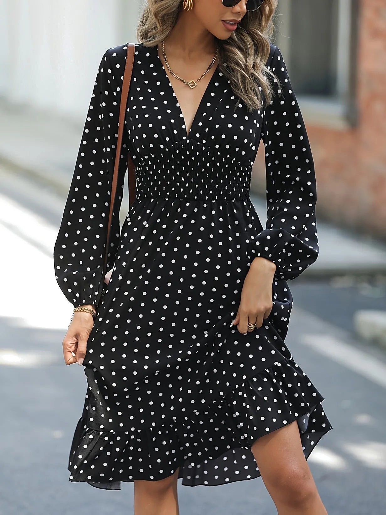 Ingvn  Waist Slimming Polka Dot Long Sleeve Elegant Dress