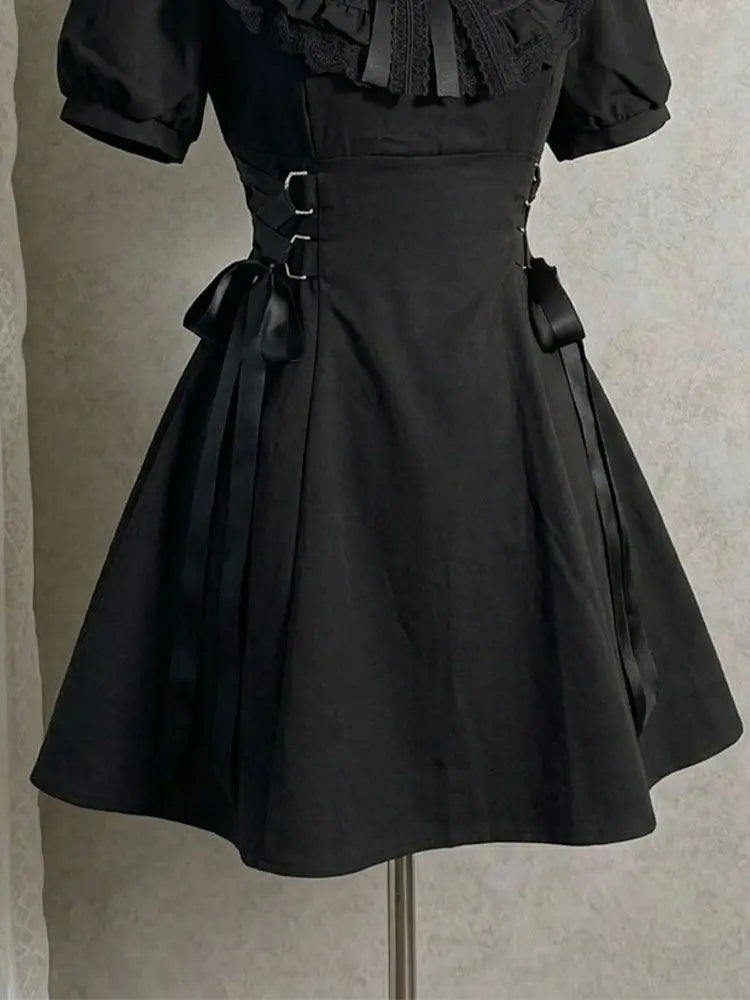 Ingvn  Japanese Style Gothic Black Mini Dress Harajuku Y2k Short Sleeve Dress Party Casual Korean Fahsion Slim Dress Woman