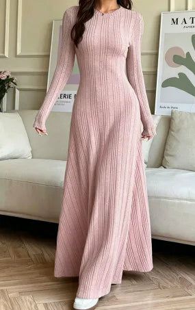 Ingvn - New Autumn And Winter Women's Slim Casual Fit Fashionable Women's Knitted Pit Stripe Solid Color Long Sleeved Round Neck Dress