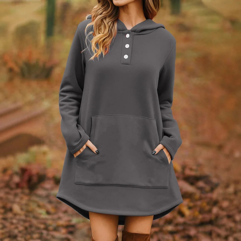 Ingvn - European American Autumn Winter New Style Women Casual Loose Fashion Solid Color Long Sleeve Pocket Pullover Hooded Sweatshirt