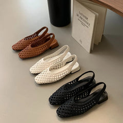 Ingvn  New Women Hollow Out Woven Mary Jane Low Heels Breathable Mesh Slip on Casual Summer Beach Women Shoes