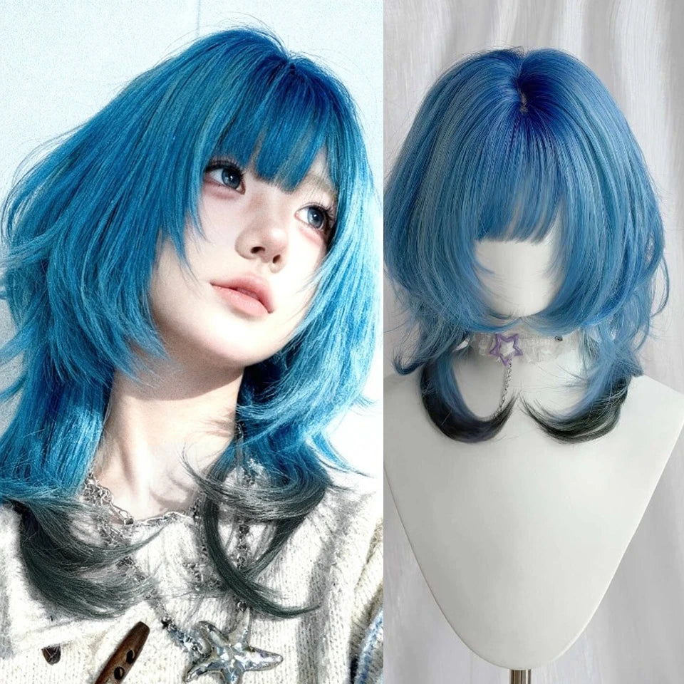 Ingvn  Short Wavy Ombre Pink Hair Wig for Women Synthetic Wig with Bangs Natural Layered Lolita Cosplay Party Cute Wigs