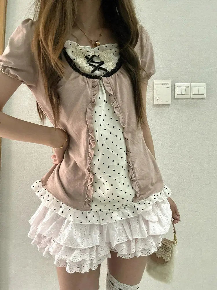 Ingvn  American Style Vintage 2 Piece Set Woman Sweet Girl Fake Two Short Sleeved Tops Casual Lace Mini Skirt Chic