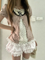 Ingvn  American Style Vintage 2 Piece Set Woman Sweet Girl Fake Two Short Sleeved Tops Casual Lace Mini Skirt Chic