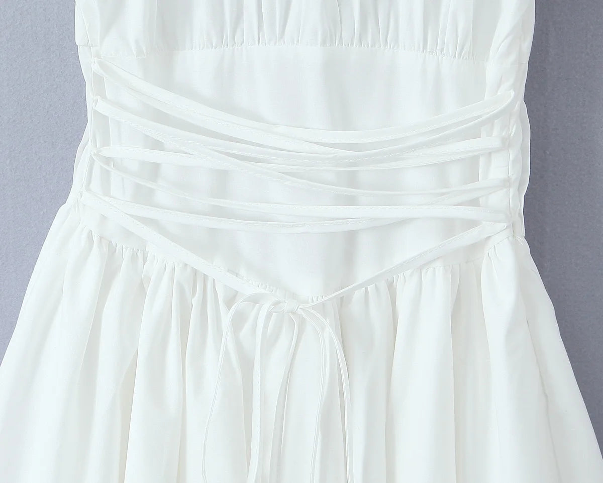 Ingvn  Sweet Women Ruched Chest Fish bow Waist Corset Style Dress Short Sleeve Cross Bandage Lacing up Back Bodycon Mini Party Robe