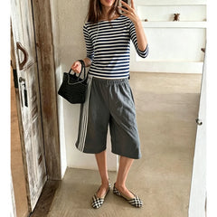 Ingvn  Women's Y2k American Retro Striped Contrast Color T-Shirts Boat Neck Three Quarter Sleeve Tee Tops Club Streetwear