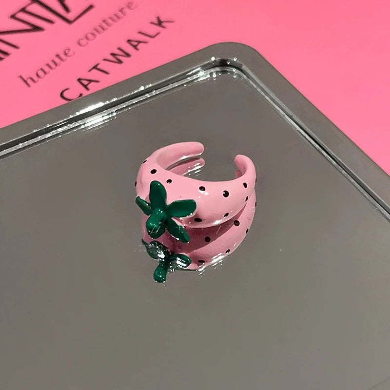 Korean Style Candy Color Enamel Pink Strawberry Heart Charm Rings Metal Chunky Open Adjusting Finger Ring for Women Jewelry