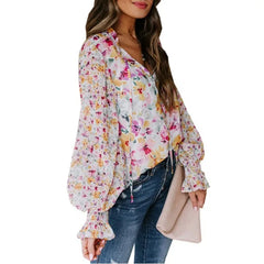 Ingvn - Women's Summer Floral Print V Neck Long Sleeve Blouse Ruffle Cuff Button Down Casual Loose Chiffon Shirt