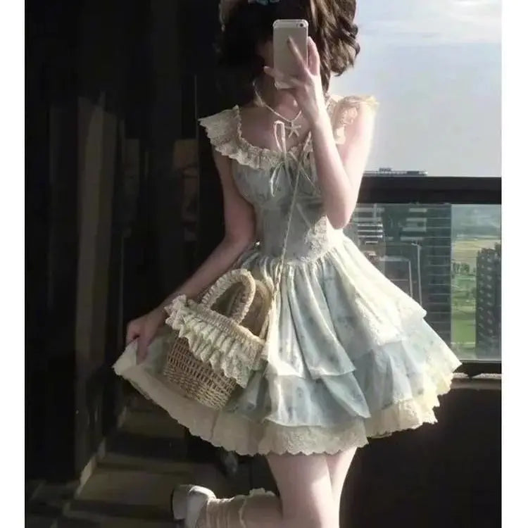 Ingvn  Princess Style Sweet Floral Print  Dress Women's Summer Gentle Wind Puffy Sleeveless Skirt Elegant Fairy Tale Short Dress