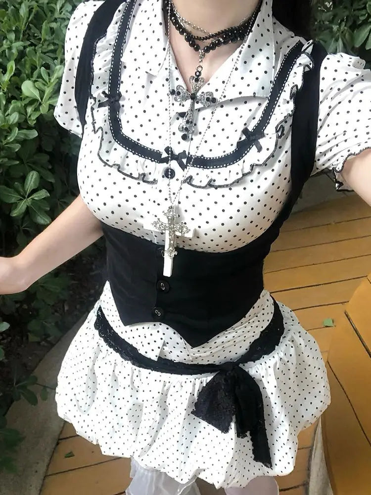Ingvn  Subculture Kawaii Sweet Suit Hot Girls Polka Dot Top Black Belt Casual Bud Mini Skirt Sweet Cool Set Woman