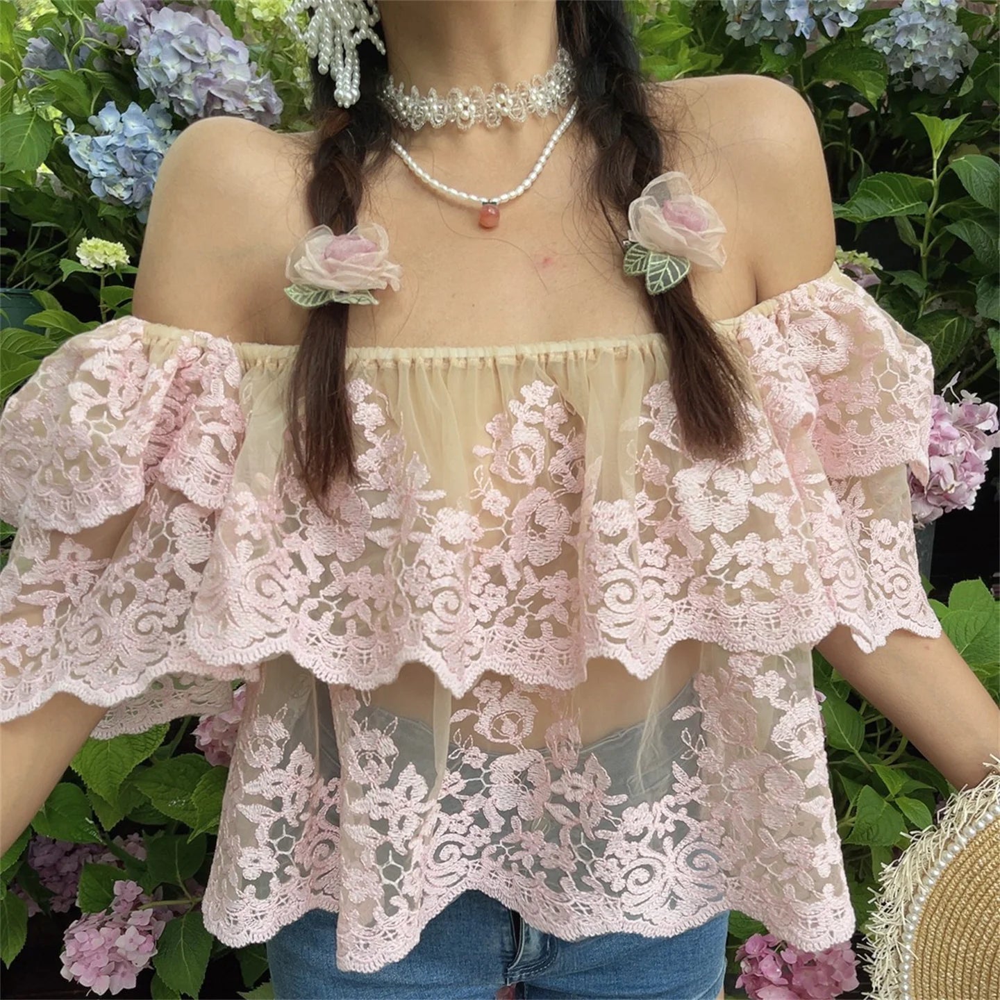 Ingvn  Sexy One-Shoulder Lace Shirt Spring Summer Vacation Floral  Small Shirt Chenopod Polyester Fiber Bubble Sleeve Short Sleeve